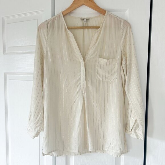 Joie Tops - Joie 100% Silk Sheer Stripe Button Henley Blouse Top Cream Ivory XS
